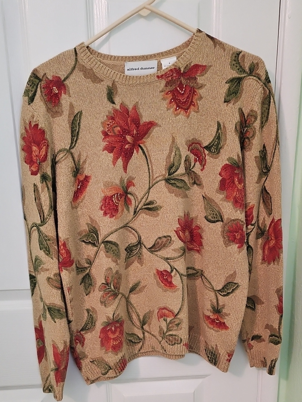 Alfred Dunner Tan Floral Beaded Boho Pullover Sweater M